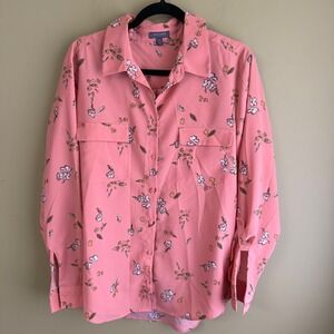 Madison Floral Button Down Shirt Peach Roll Tab Sleeve Blouse XL